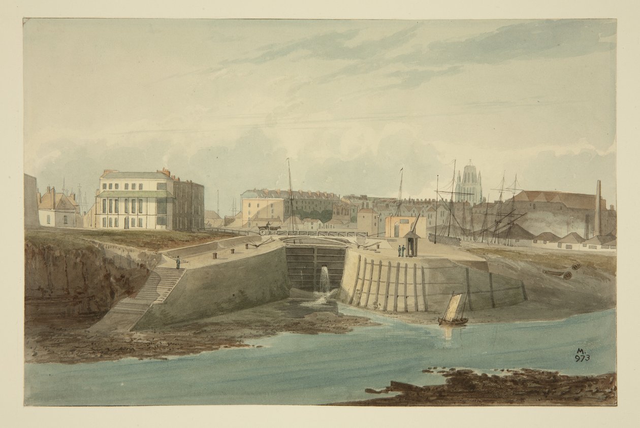 Bejárat a Bathurst-medencébe a New Cut felől, 1825 körül (toll és tinta akvarellel papíron) alkotó: Samuel Jackson