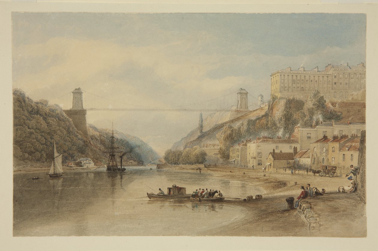 Kilátás az Avonról Hotwellsnél: The Proposed Suspension Bridge, 1836 körül (ceruza és akvarell papíron) alkotó: Samuel Jackson