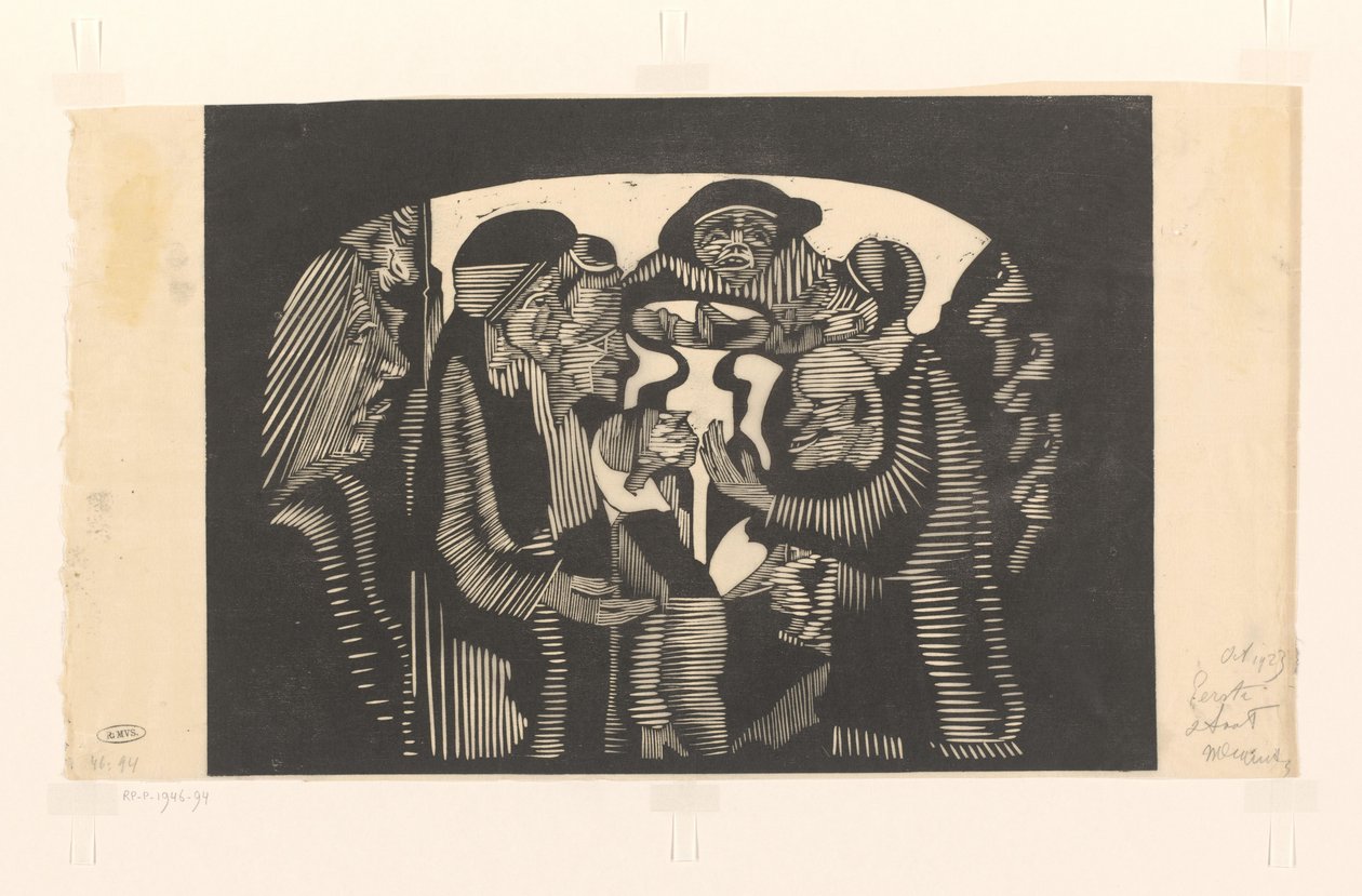 Alakcsoport egy ívben Látnoki képzelet: ív alakú figurák csoportja, felül középen egy kalapos férfi alkotó: Samuel Jessurun de Mesquita (signed by artist)