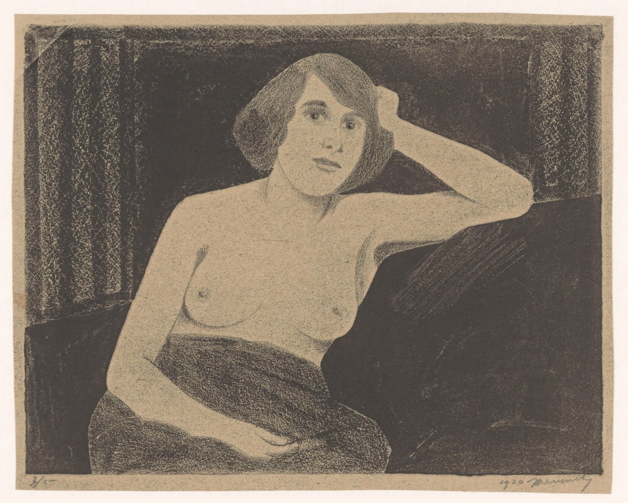 Női akt, egy kanapén ülve, kézfej mellett alkotó: Samuel Jessurun de Mesquita (signed by artist)