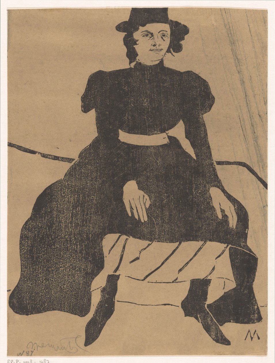 Ülő nő kalapban és fekete ruhában, térdre tett kézzel alkotó: Samuel Jessurun de Mesquita (signed by artist)