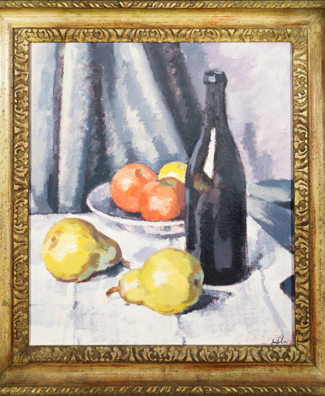 Alma, körte és fekete palack terített asztalon, 1928 körül alkotó: Samuel John Peploe