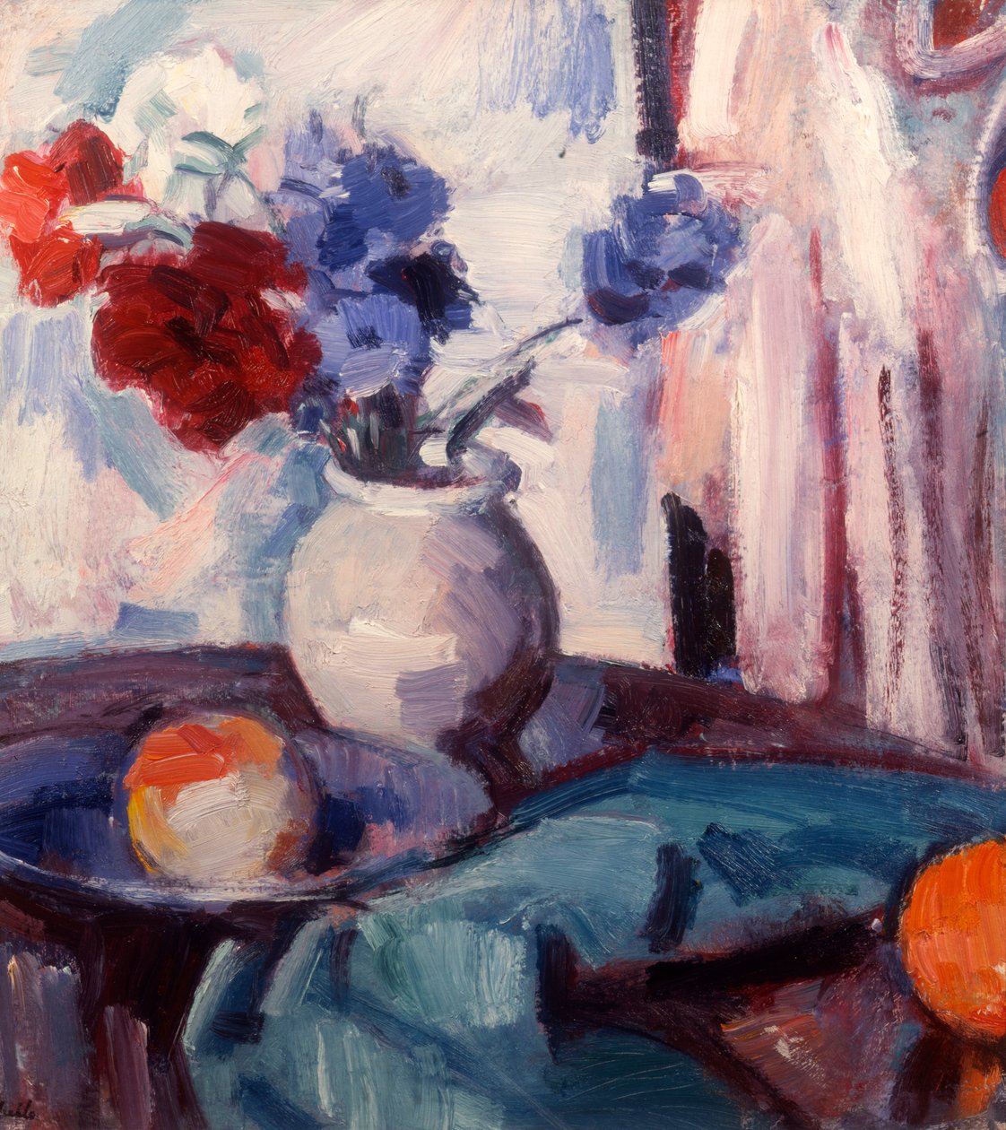 Vegyes szegfű és búzavirág egy cserépvázában, 1931 körül alkotó: Samuel John Peploe