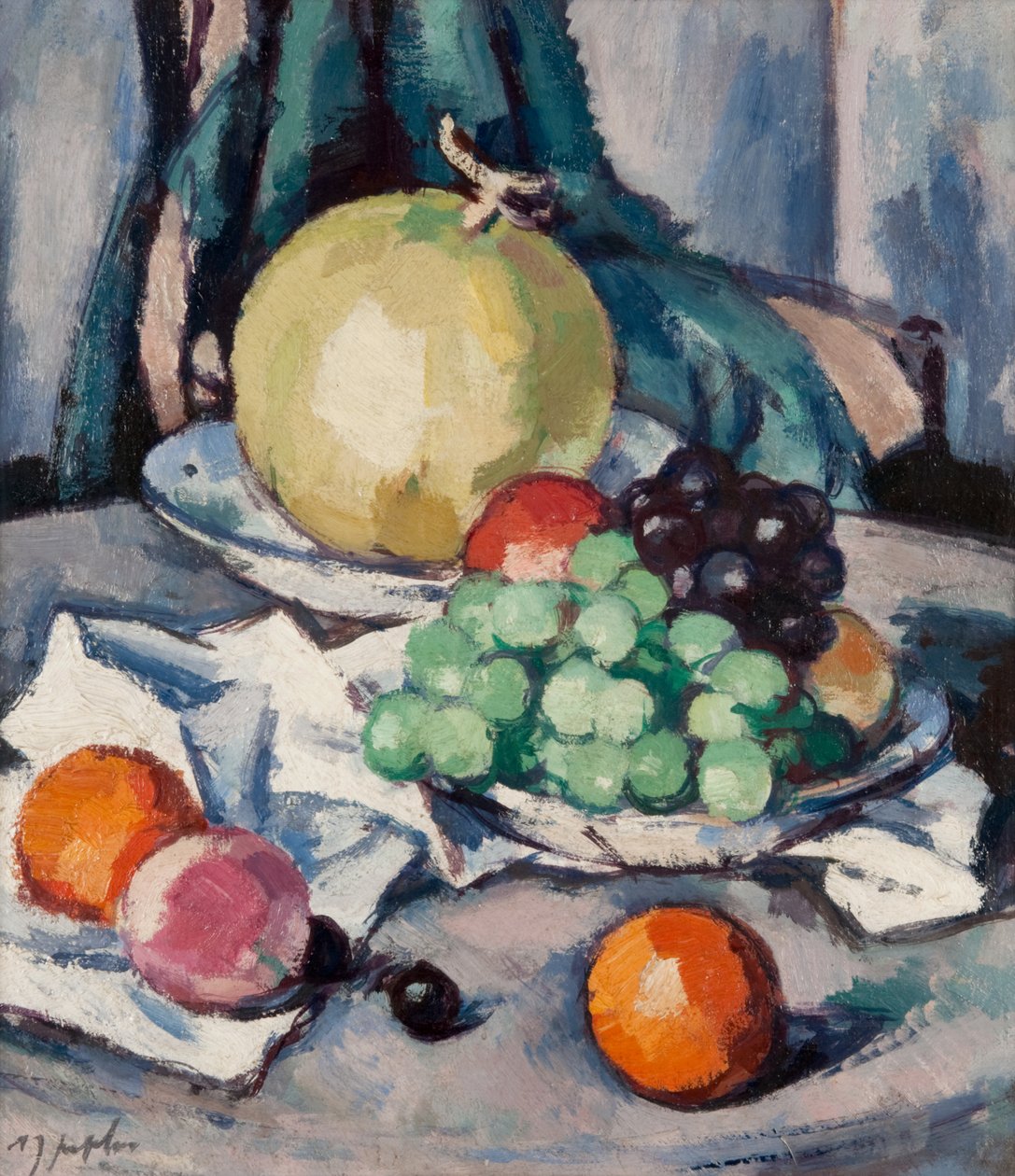 Vegyes gyümölcs – sárgadinnye, szőlő és alma, 1926 körül (olaj, vászon) alkotó: Samuel John Peploe