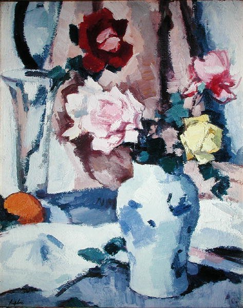 Rózsák egy kék-fehér vázában (olaj, vászon) alkotó: Samuel John Peploe