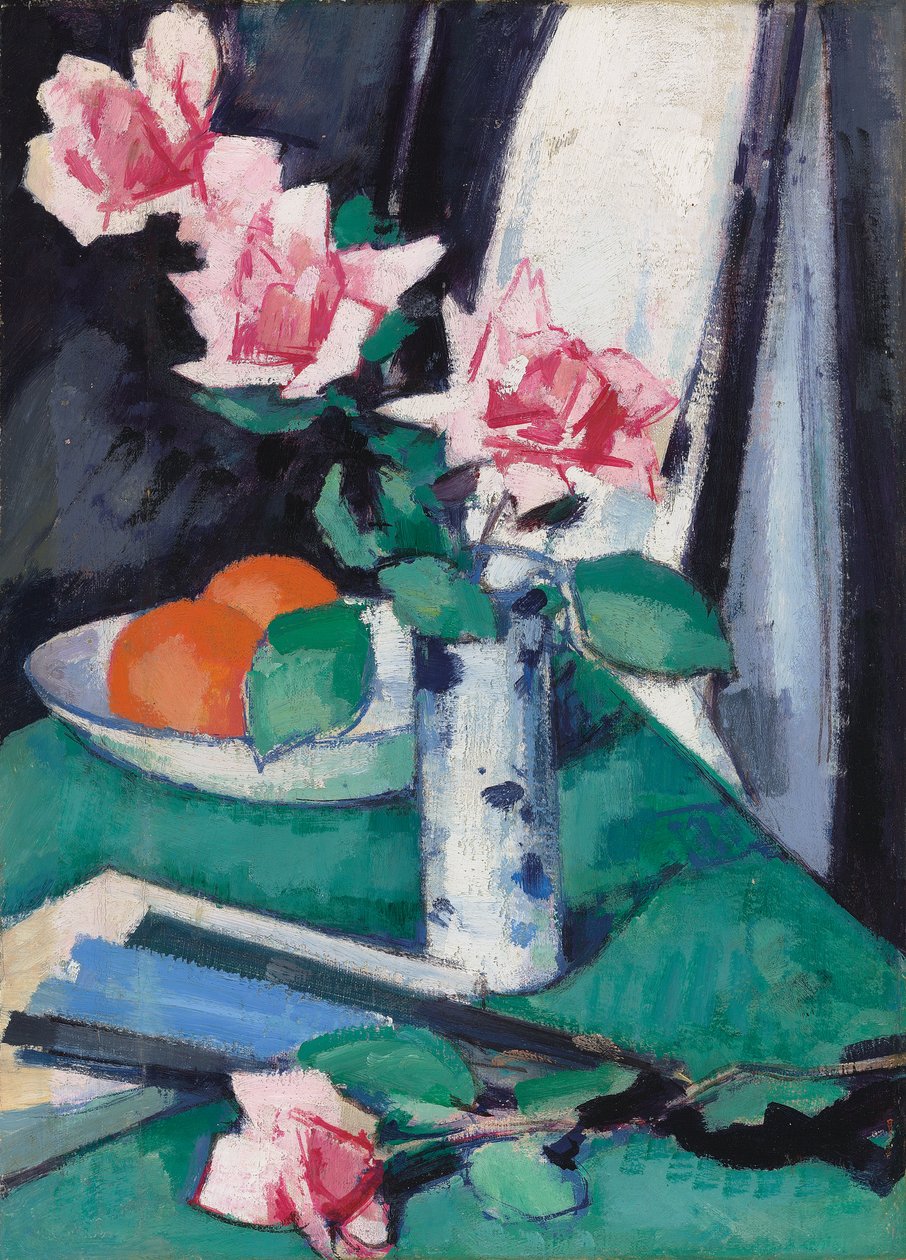 Csendélet rózsaszín rózsákkal és narancsokkal kék-fehér vázában, alkotó: Samuel John Peploe
