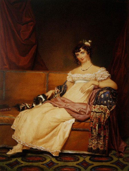 Lady Waterhouse egy kanapén ül a spániellel (akvarell papíron) alkotó: Samuel John Stump