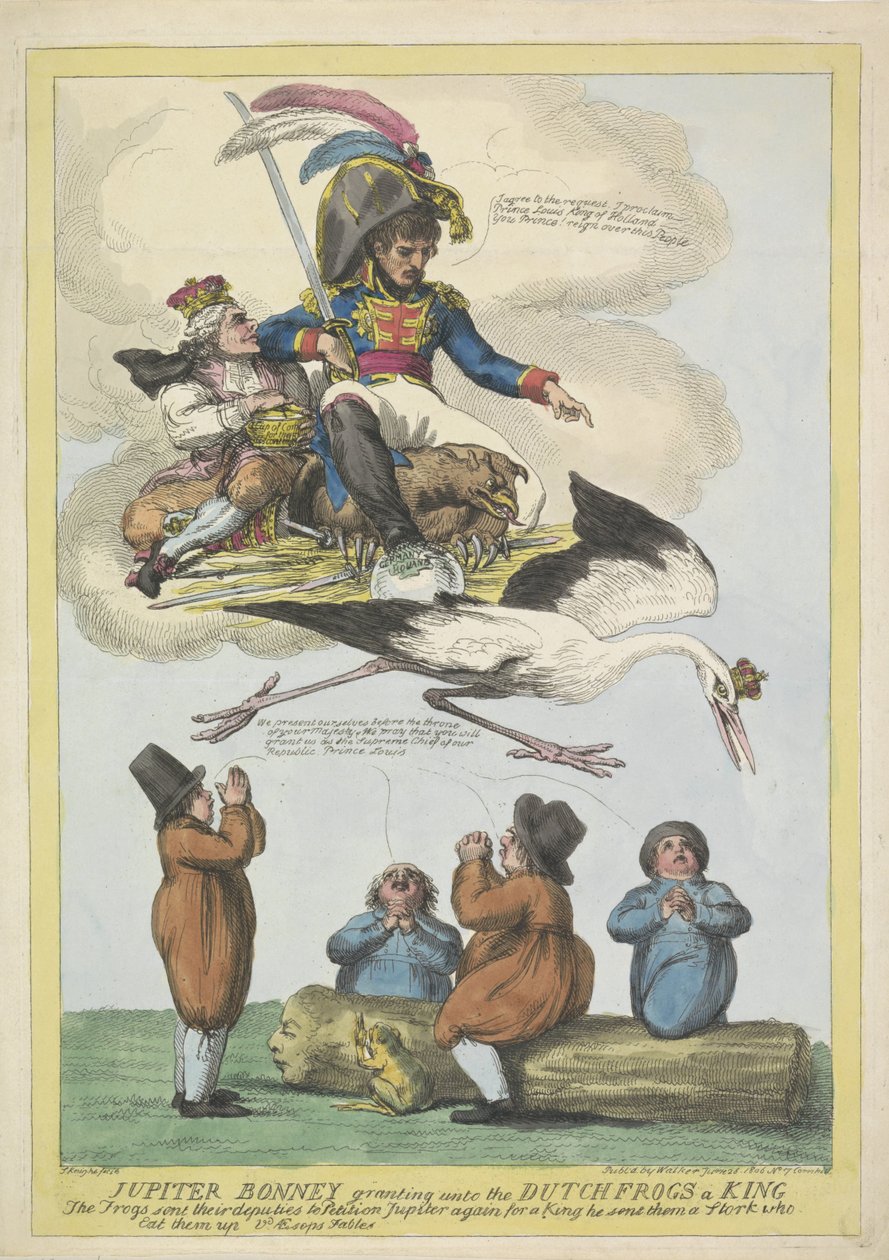 Napóleon királynak küldi Louis Napóleont gólya alakban Hollandiába, 1806-ban Jupiter Bonney királyt adományoz a holland békáknak (cím a tárgyon) alkotó: Samuel Knight