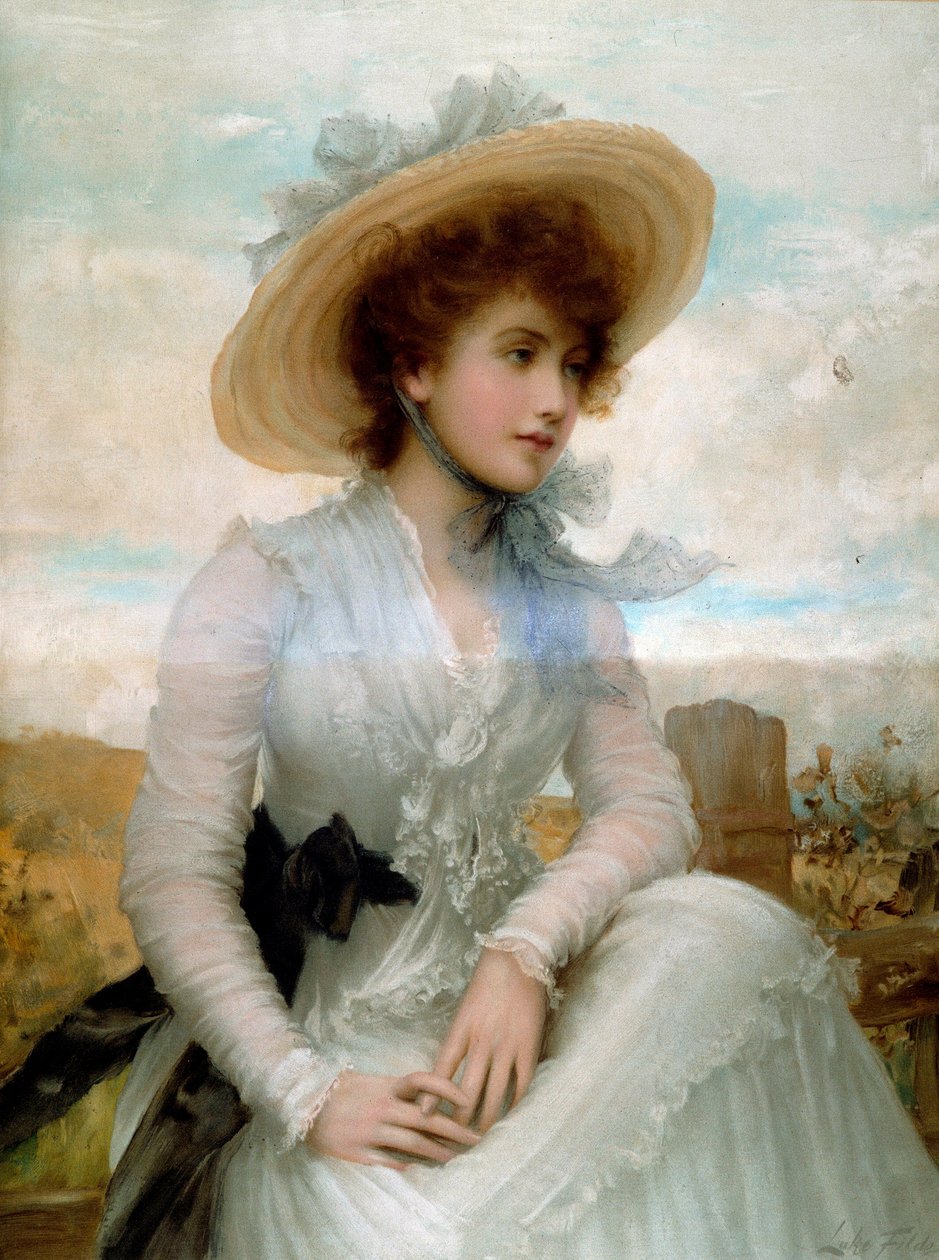 Szalmakalapos fiatal nő portréja Samuel Luke Fildes (1843-1927) 19. századi Párizs, Dekoratív Művészetek alkotó: Samuel Luke Fildes