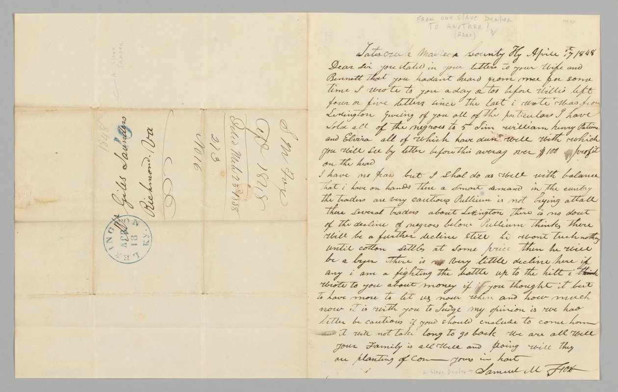 Samuel M. Fox levele Giles Saundersnek a rabszolga-kereskedelemről, 1848. április 17. alkotó: Samuel M. Fox