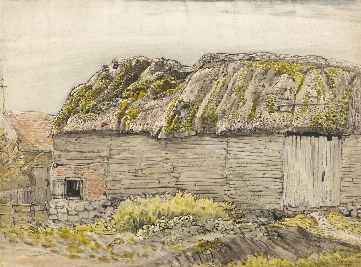 Mohos tetős pajta, Shoreham (akvarell barna mosással, tussal, gouache-szal és ceruzával papíron) alkotó: Samuel Palmer