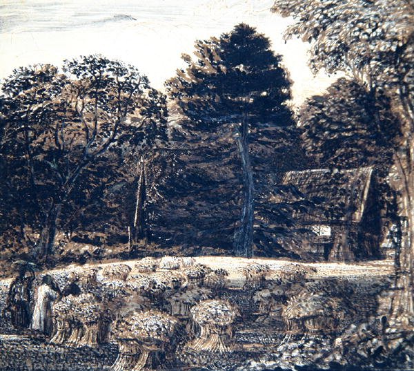 Cornfield, Shoreham, Twilight, 1830 körül (toll, mosás és indiai tinta a kártyán) alkotó: Samuel Palmer