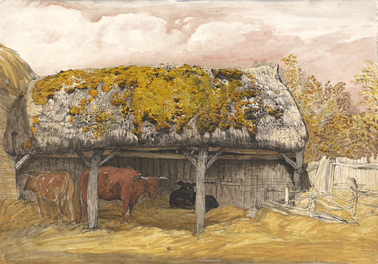 Tehénkunyhó mohás tetővel, 1829 körül (toll és tinta akvarell és gouache papíron) alkotó: Samuel Palmer