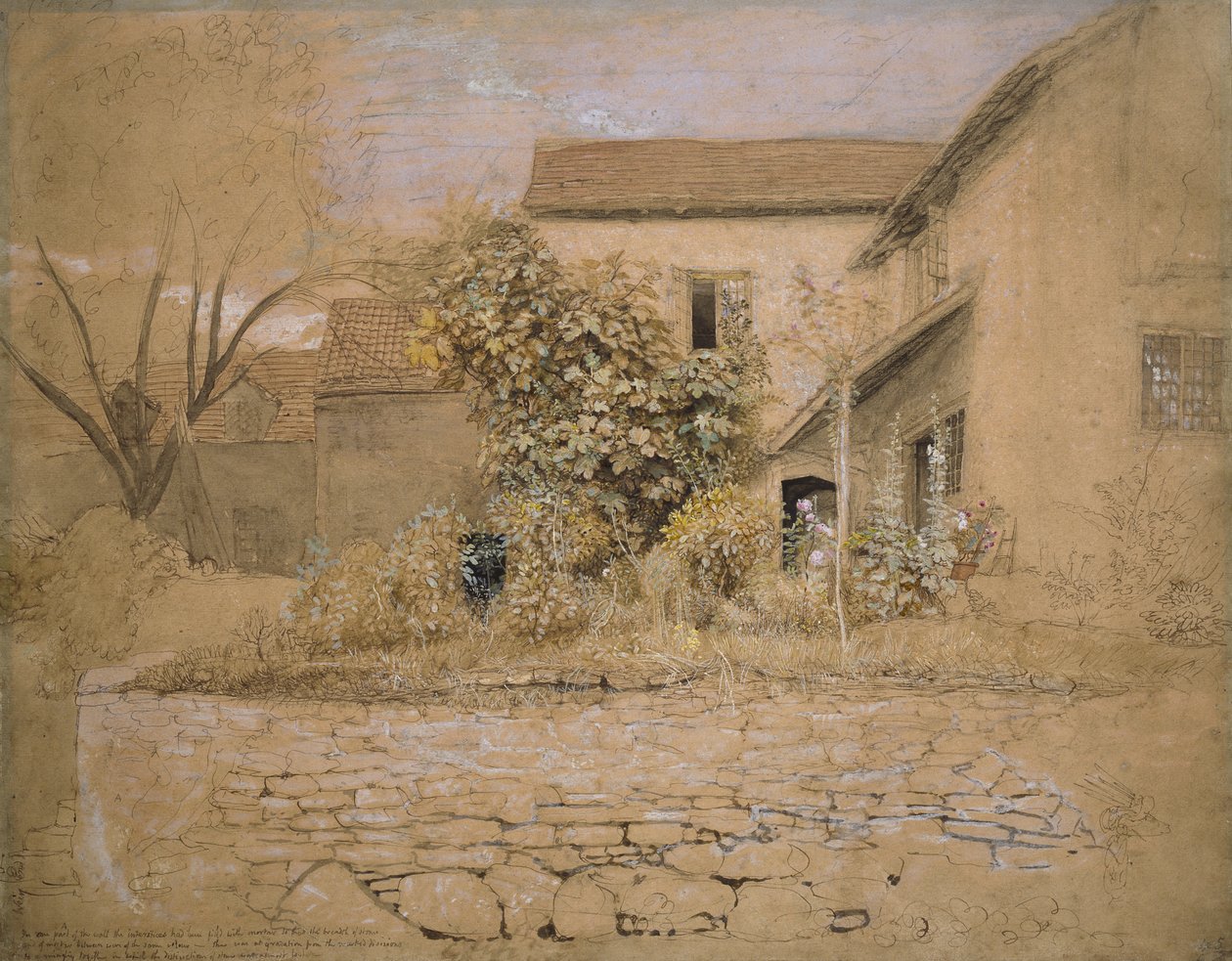 Ház és kert a Tinternnél, 1835 (toll és tinta, wc és testszín grafiton és fekete krétával rózsaszínes, sima papíron) alkotó: Samuel Palmer
