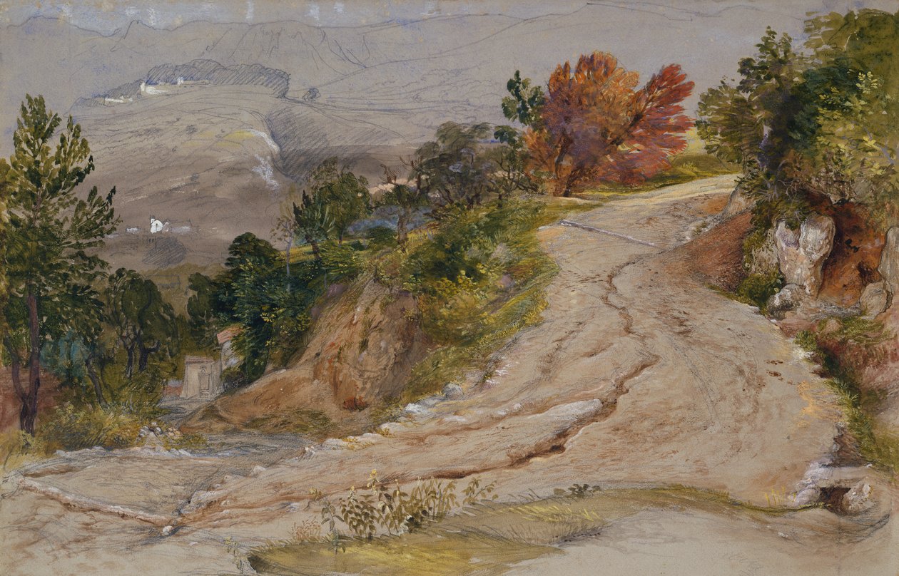 Hegyi út Olaszországban (ceruza, akvarell és testszín) alkotó: Samuel Palmer