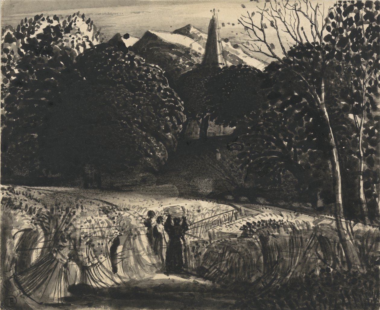 Cornfield and Church by Moonlight (ecset és fekete tinta papíron) alkotó: Samuel Palmer