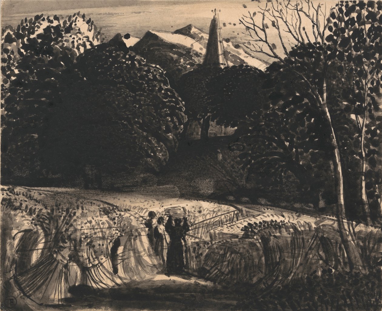 Kukoricatábla és templom a Holdfényben alkotó: Samuel Palmer