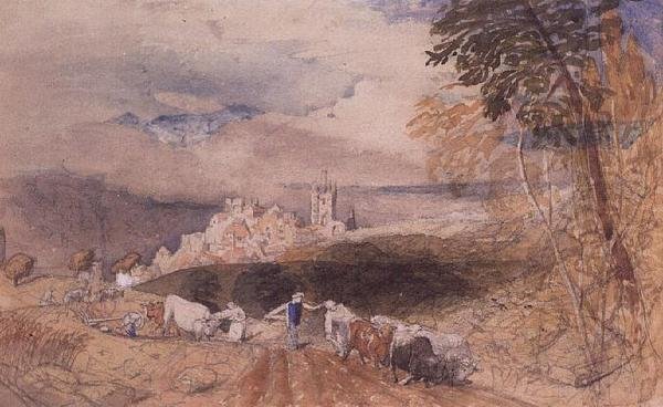 Dombos táj szántó gazdákkal (akvarell) alkotó: Samuel Palmer