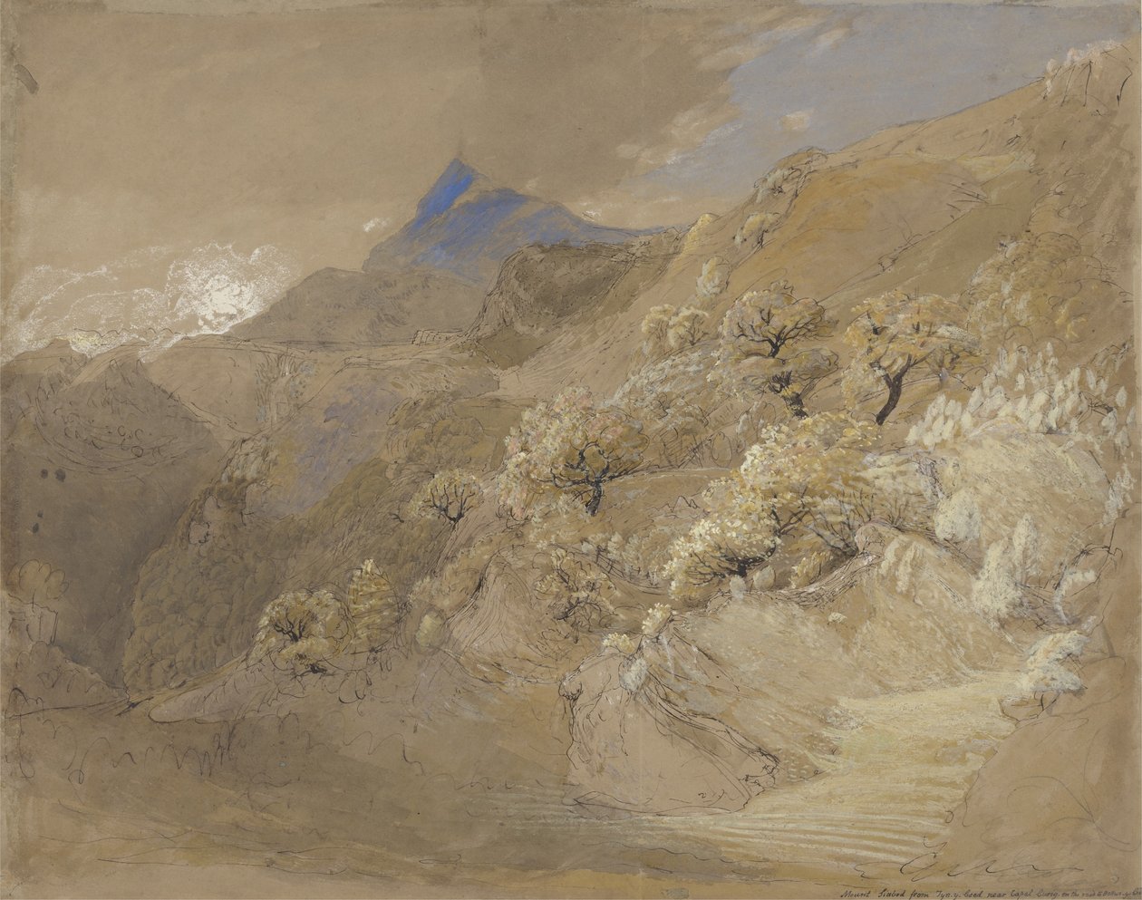 Siabod-hegy Tyn-y-Coedből, Capel Curig közelében (toll és tinta, testfesték és akvarell papíron) alkotó: Samuel Palmer