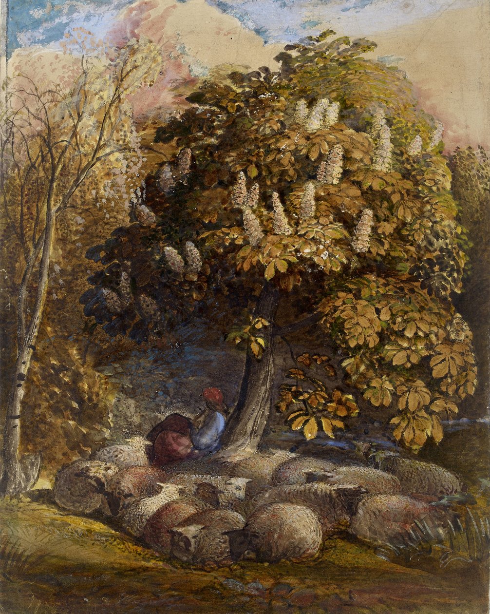 Pasztorál gesztenyefával, 1830-31 körül (akvarell és testfesték) alkotó: Samuel Palmer