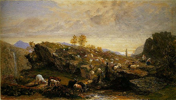 Rusztikusok bárányokkal és kecskékkel sziklás tájon (akvarell ceruzával, gumiarábikummal erősített papíron) alkotó: Samuel Palmer