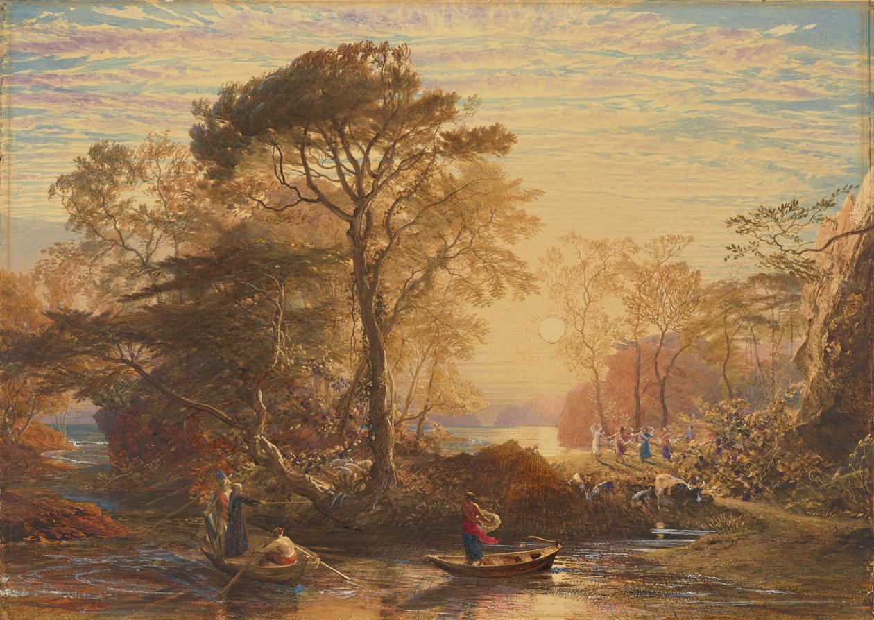 Sir Guyon és a pálmás kísérő, akit Phaedria megkísértett, hogy leszálljon az elvarázsolt szigeteken. alkotó: Samuel Palmer
