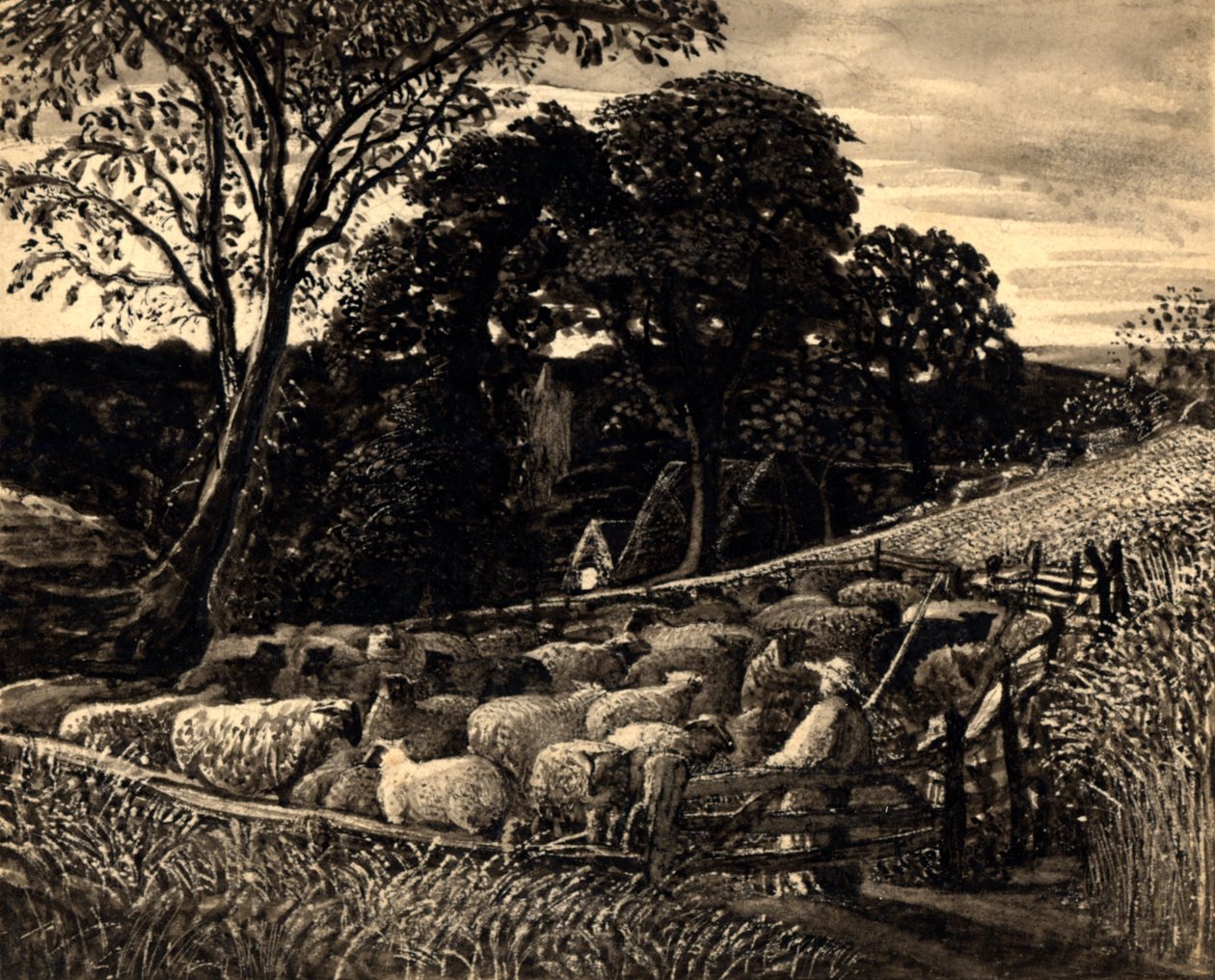 The Sheep Fold, 1831-32 körül (akvarell) alkotó: Samuel Palmer