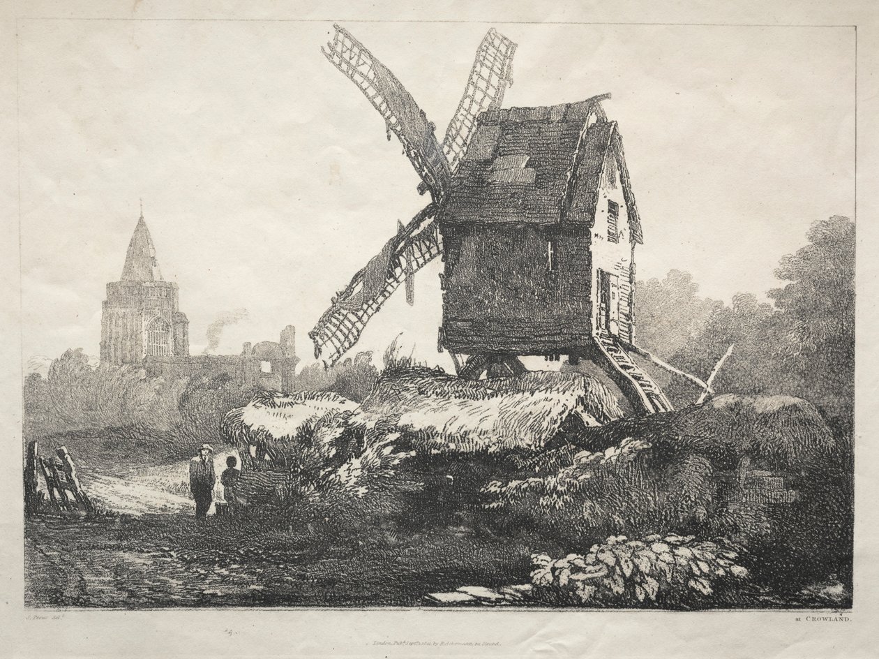 Ókori épületek és vidéki nyaralók sorozata Észak-Angliában: At Crowland, Windmill, 182 alkotó: Samuel Prout