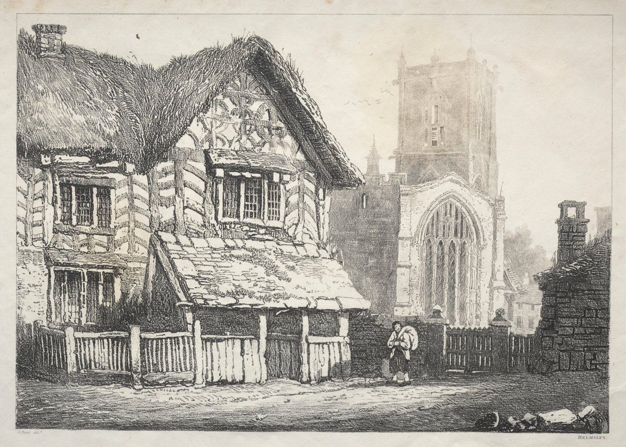 Régi épületek és vidéki nyaralók sorozata Észak-Angliában: Helmsley, 1821. alkotó: Samuel Prout