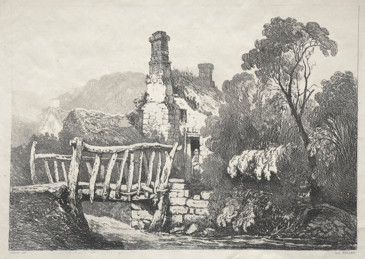 Régi épületek és vidéki nyaralók sorozata Észak-Angliában: Byland közelében, 1821. alkotó: Samuel Prout