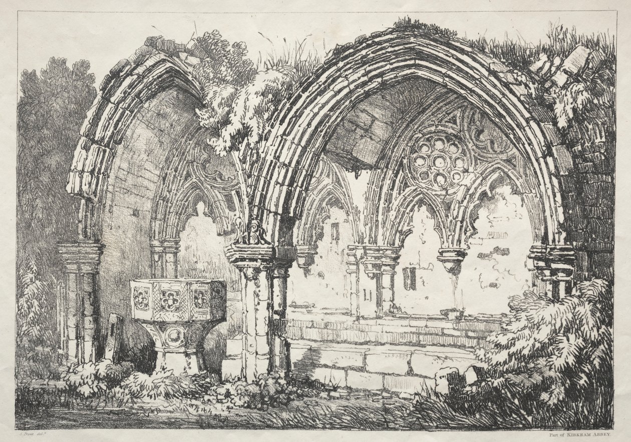 Régi épületek és vidéki nyaralók sorozata Észak-Angliában: Kirkham Abbey része, 182 alkotó: Samuel Prout
