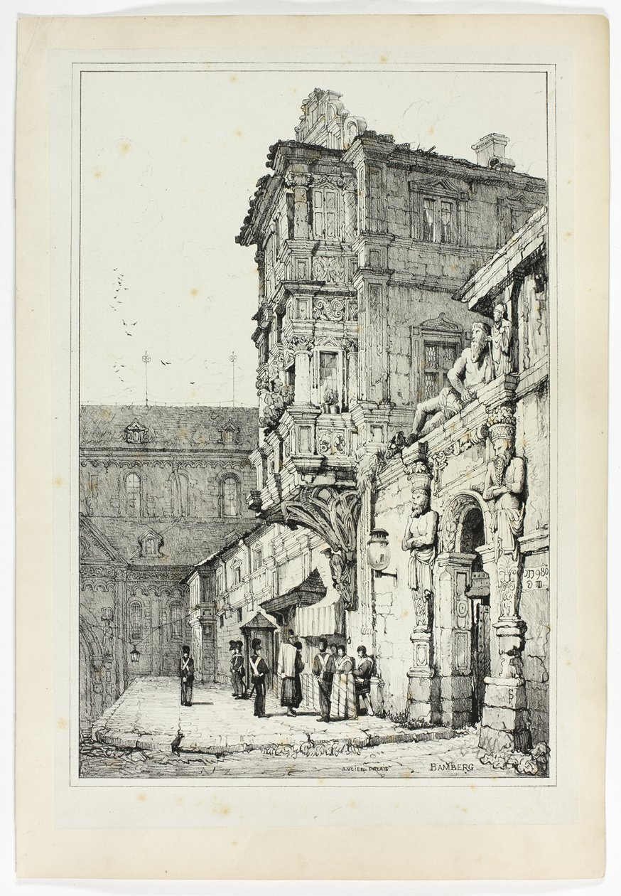 Ancien Palais, Bamberg, a Flandriában és Németországban készült vázlatok fakszimiléi alapján alkotó: Samuel Prout
