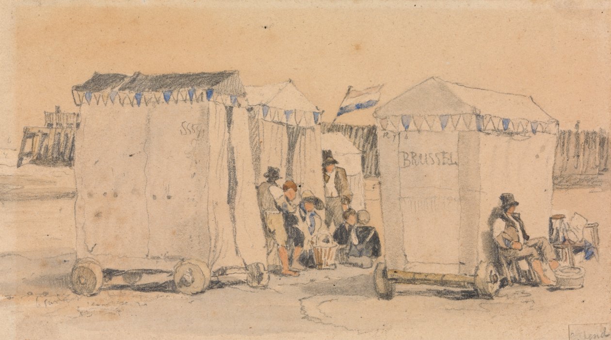Fürdősátrak a tengerparton, Ostend alkotó: Samuel Prout