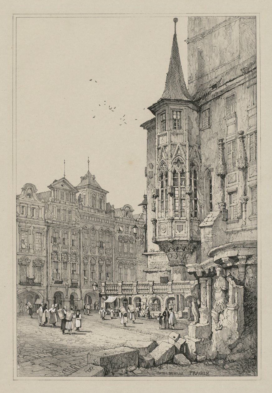 Flandriában és Németországban készült vázlatok épületei: Hotel de Ville, Prága, 1833. alkotó: Samuel Prout