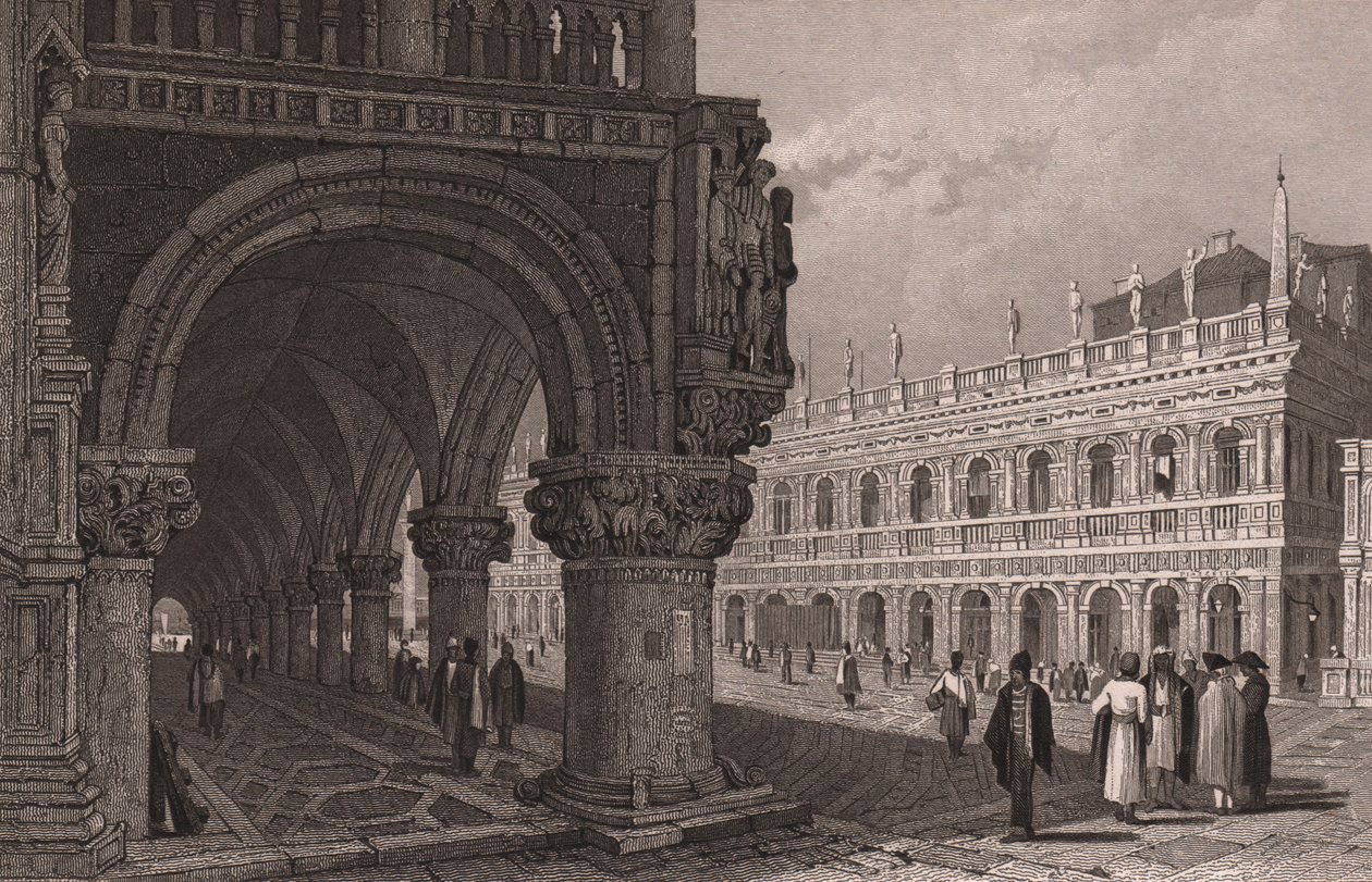 A Dózse-palota (Palazzo Ducale) árkádsorának rövidítése, kilátással a Szent Márk térre és a Könyvtárpalotára, Velence, Veneto, Olaszország, Samuel Prout (1783-1852) rajza alapján készült acélmetszet, kb 15x11,5 cm alkotó: Samuel Prout
