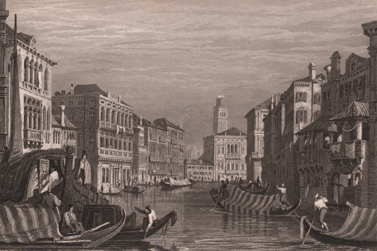 Gondolák a Grand Canalon (Canal Grande), Velence, Veneto, Olaszország, acélmetszet Samuel Prout (1783-1852) rajza alapján, kb 15x11,5 cm alkotó: Samuel Prout
