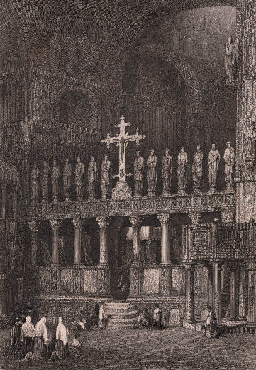 Ikonosztáz a Szent Márk-bazilikában (Basilica di San Marco), Velence, Veneto, Olaszország, acélmetszet Samuel Prout (1783-1852) rajza alapján, kb 15x11,5 cm alkotó: Samuel Prout