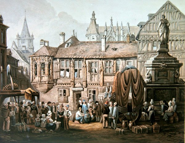 A Hotel de Bourgtheroulde, Place de la Pucelle, Rouen, 1825 körül (színes gravírozás) alkotó: Samuel Prout
