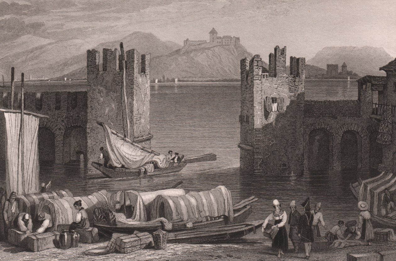 Kilátás az Angera kastélyra Aronában, Lake Maggiore, Piemont, Olaszország, acélmetszet Samuel Prout (1783-1852) rajzából, kb 16x11 cm alkotó: Samuel Prout