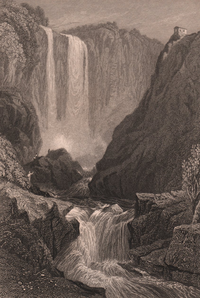 Kilátás a Marmore-vízesésre (Cascata delle Marmore) Terni közelében, Umbria, Olaszország, acélmetszet Samuel Prout (1783-1852) rajza alapján, kb 15x11,5 cm alkotó: Samuel Prout