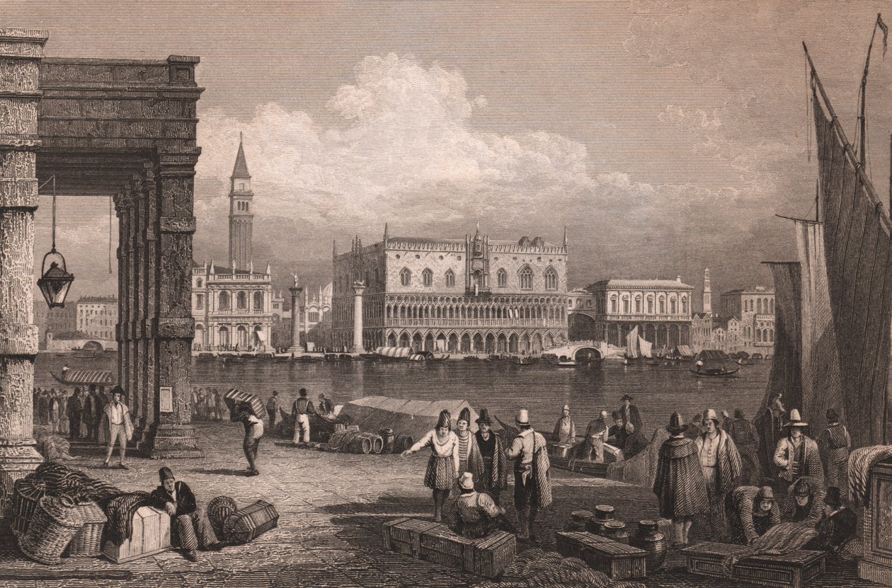Kilátás a Szent Márk-medencére, Velence, Veneto, Olaszország, acélmetszet Samuel Prout (1783-1852) rajza alapján, kb 15x11,5 cm alkotó: Samuel Prout