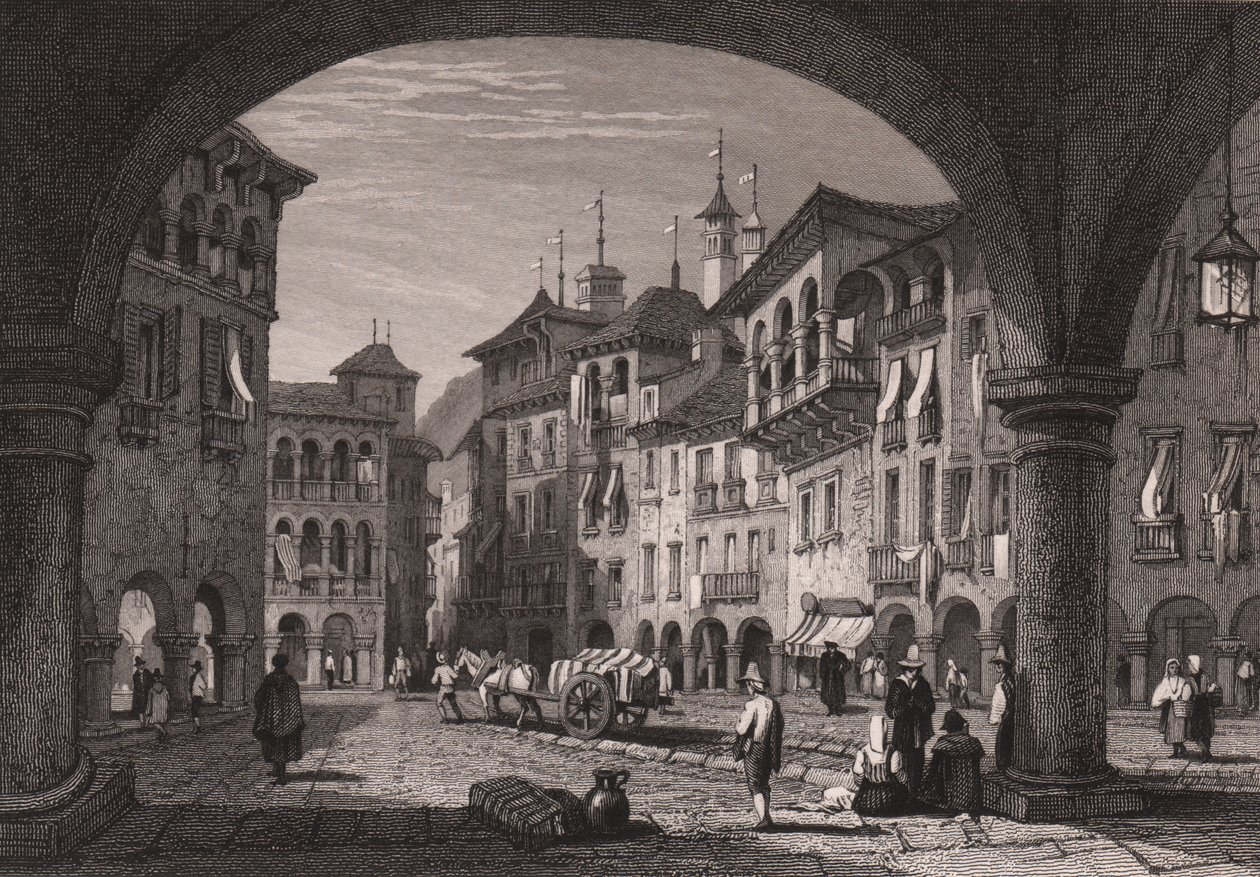 Kilátás a Domodossola-i piactérre, Piemont, Olaszország, acélmetszet Samuel Prout (1783-1852) rajzából, kb 16x11 cm alkotó: Samuel Prout