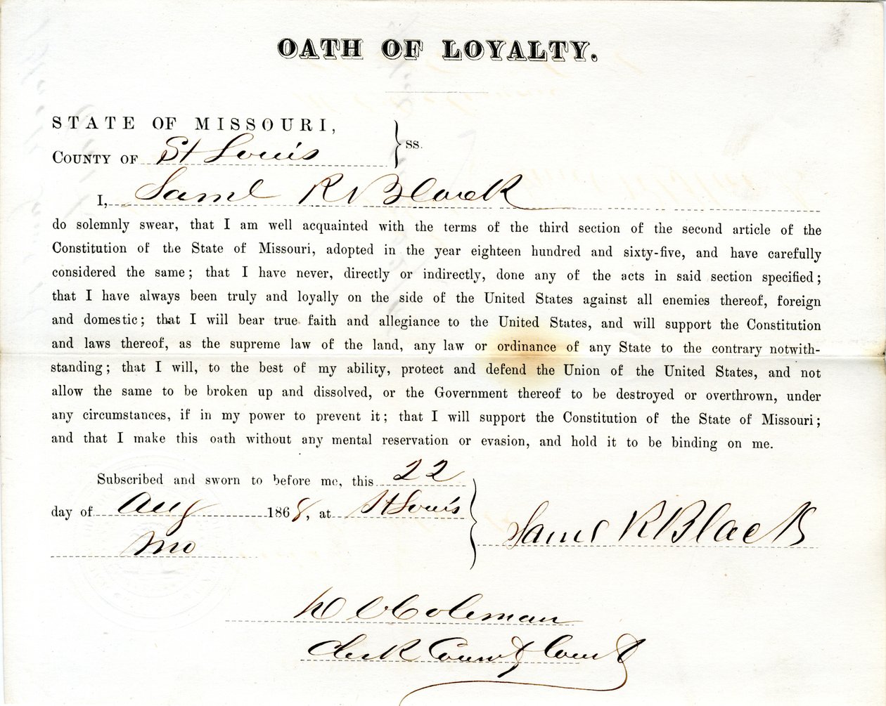 Szt. Lajos megyei Missouri állambeli Samuel R. Black hűség esküje alkotó: Samuel R. Black
