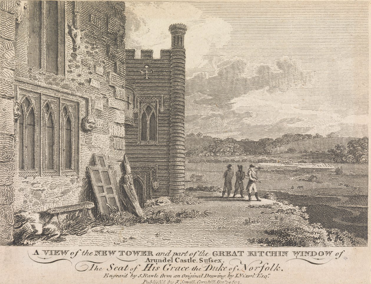 Kilátás az új toronyra és a sussexi Arundel kastély Great Kitchin Window egy részére (kiadó: J. Sewell); 13. oldal (Első kötet) alkotó: Samuel Rawle