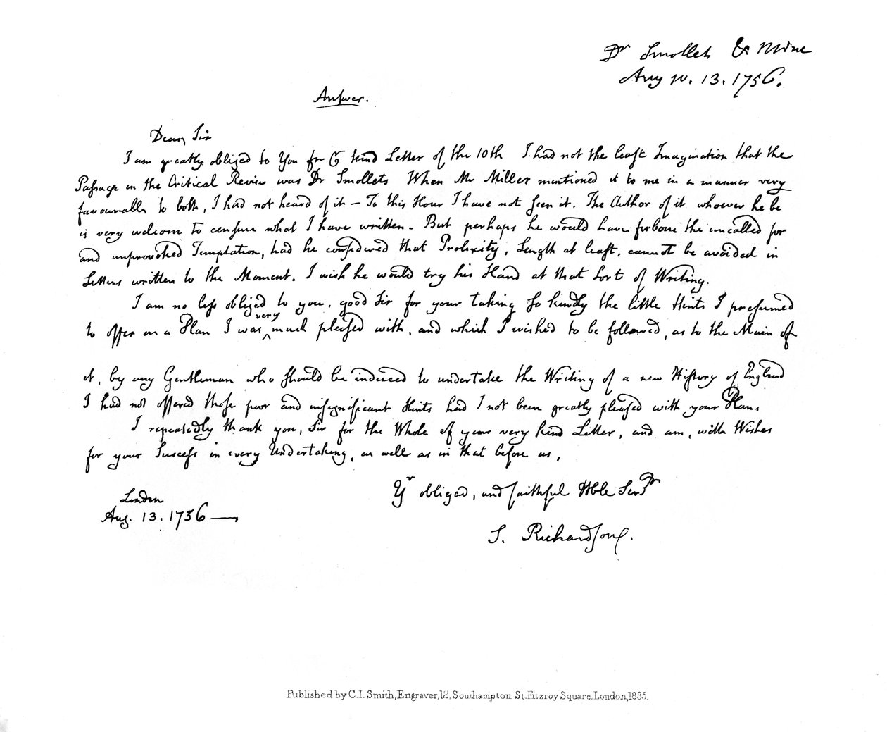 Samuel Richardson levele Dr. Smollettnek, 1756, 1840 alkotó: Samuel Richardson