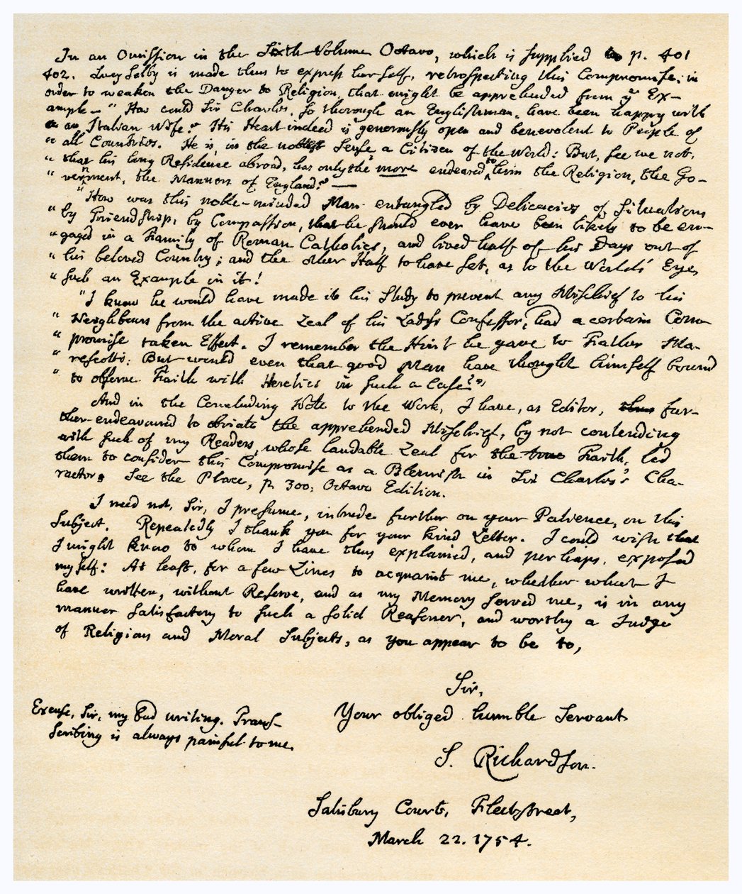 Samuel Richardson levele, 1754. március 22. alkotó: Samuel Richardson