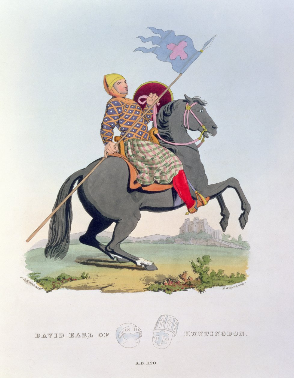 David, Huntingdon grófja (1084-1153) 1120, Richard metszete. H. Bridgens (fl.1824-38) az Ancient Armour című, a művész által készített, 1824. évi műből. alkotó: Samuel Rush Meyrick
