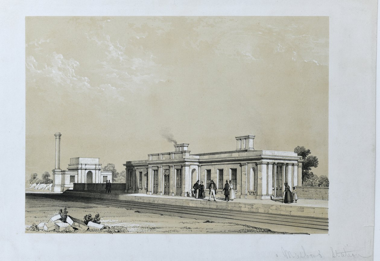 Masborough Station c1840 (színezett litográfia papíron) alkotó: Samuel Russell