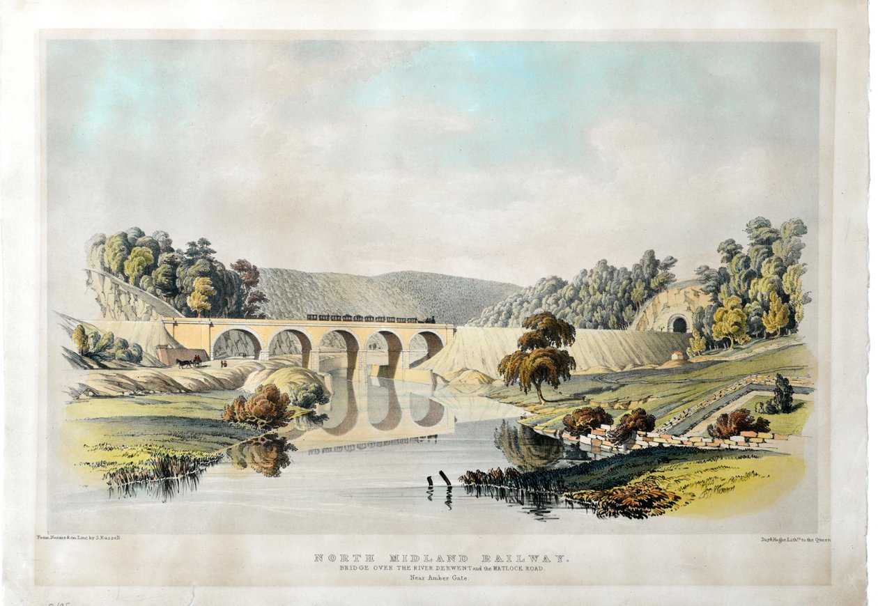 North Midland vasúti híd a Derwent folyón és a Matlock Roadon az Amber Gate közelében. 1840 (kézzel színezett litográfia papíron) alkotó: Samuel Russell
