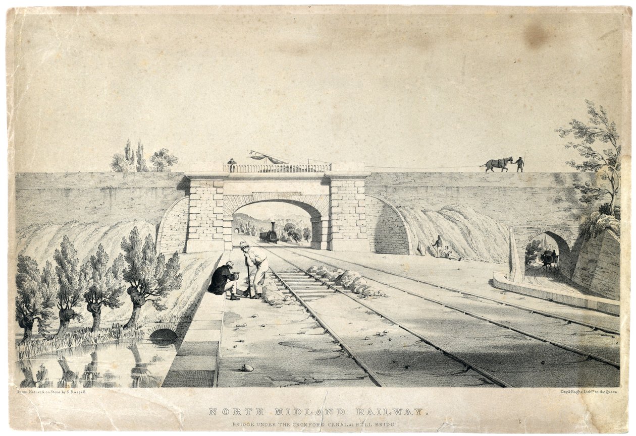 North Midland Railway Bridge a Cromford-csatorna alatt a Bull Bridge c1840-nél (színezett litográfia papíron) alkotó: Samuel Russell
